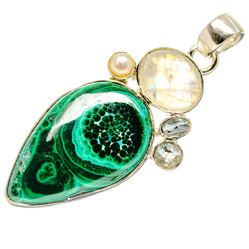 Malachite, Rainbow Moonstone, White Quartz, Cultured Pearl Pendant 2" (925 Sterling Silver) PD36381