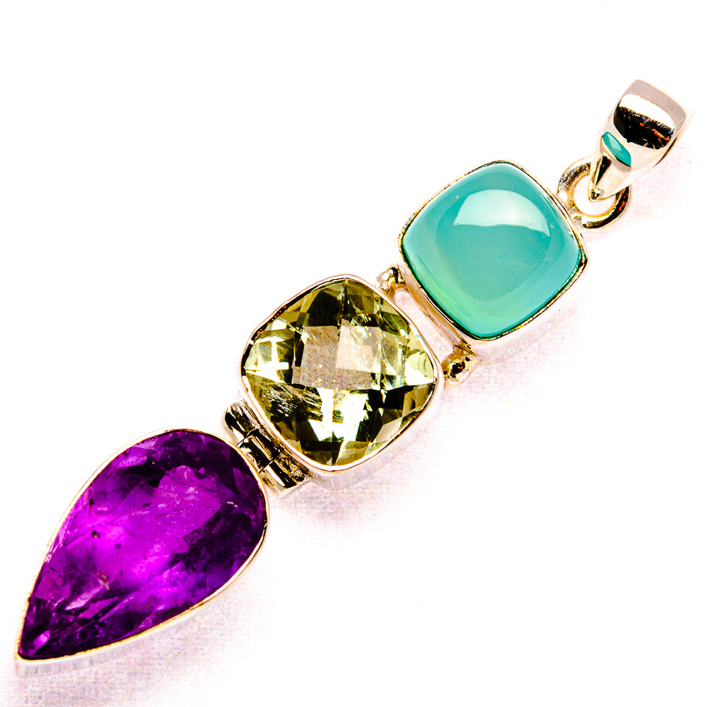 Faceted Amethyst, Green Amethyst, Aquamarine Pendant 2 1/4" (925 Sterling Silver) PD37591