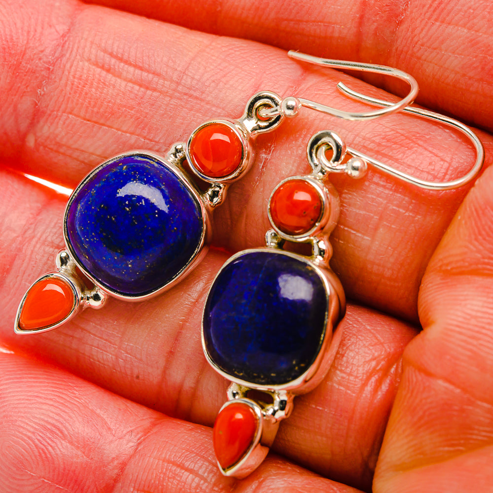 Lapis Lazuli, Red Coral 925 Sterling Silver Earrings 1 5/8" (925 Sterling Silver) EARR431917