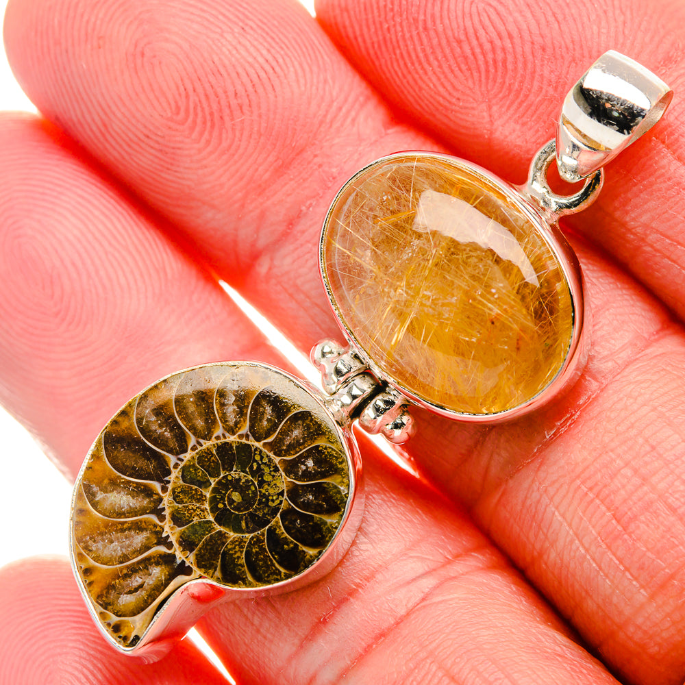 Ammonite Fossil, Rutilated Quartz Pendant 2" (925 Sterling Silver) PD37525