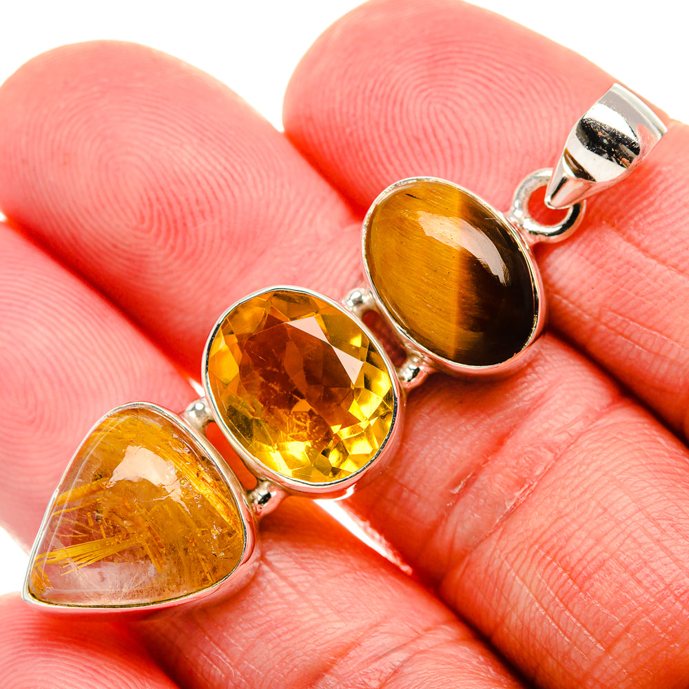 Rutilated Quartz, Tiger Eye, Citrine Pendant 2 1/8" (925 Sterling Silver) PD37535