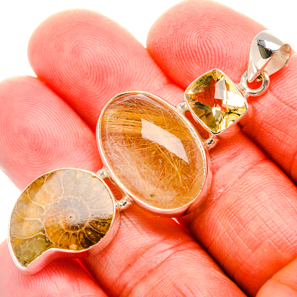 Rutilated Quartz, Ammonite Fossil, Citrine Pendant 2 3/8" (925 Sterling Silver) PD37392