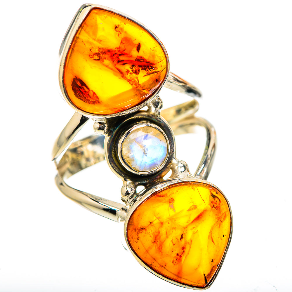 Large Baltic Amber, Rainbow Moonstone Ring Size 6.75 (925 Sterling Silver) RING135739