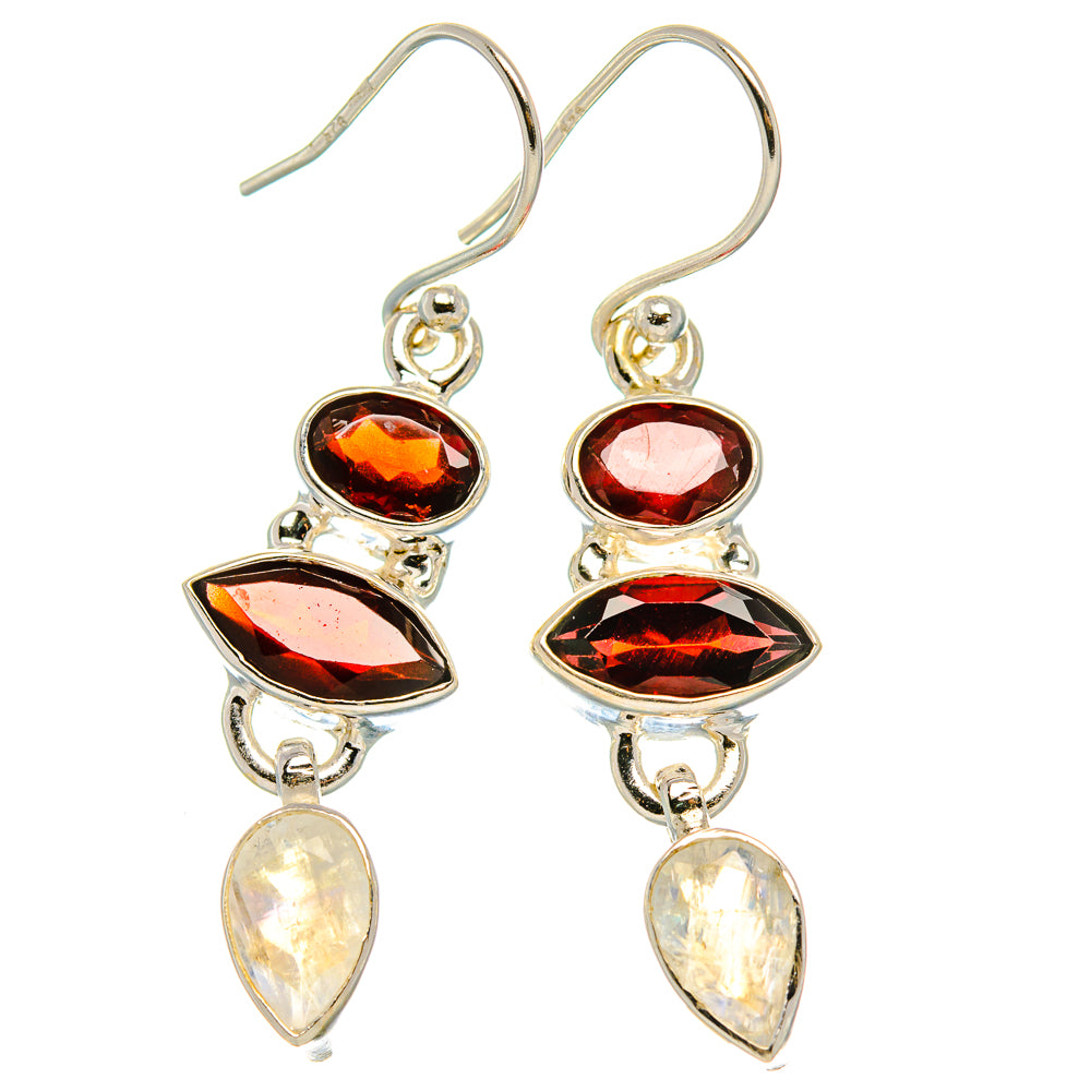 Garnet, Rainbow Moonstone Earrings 1 3/4" (925 Sterling Silver) EARR431740