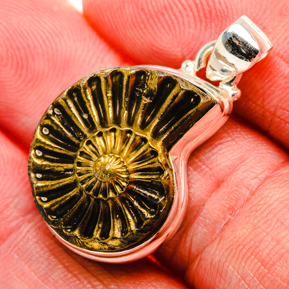 Pyrite Fossil 925 Sterling Silver Pendant 1 3/8" (925 Sterling Silver) PD37634