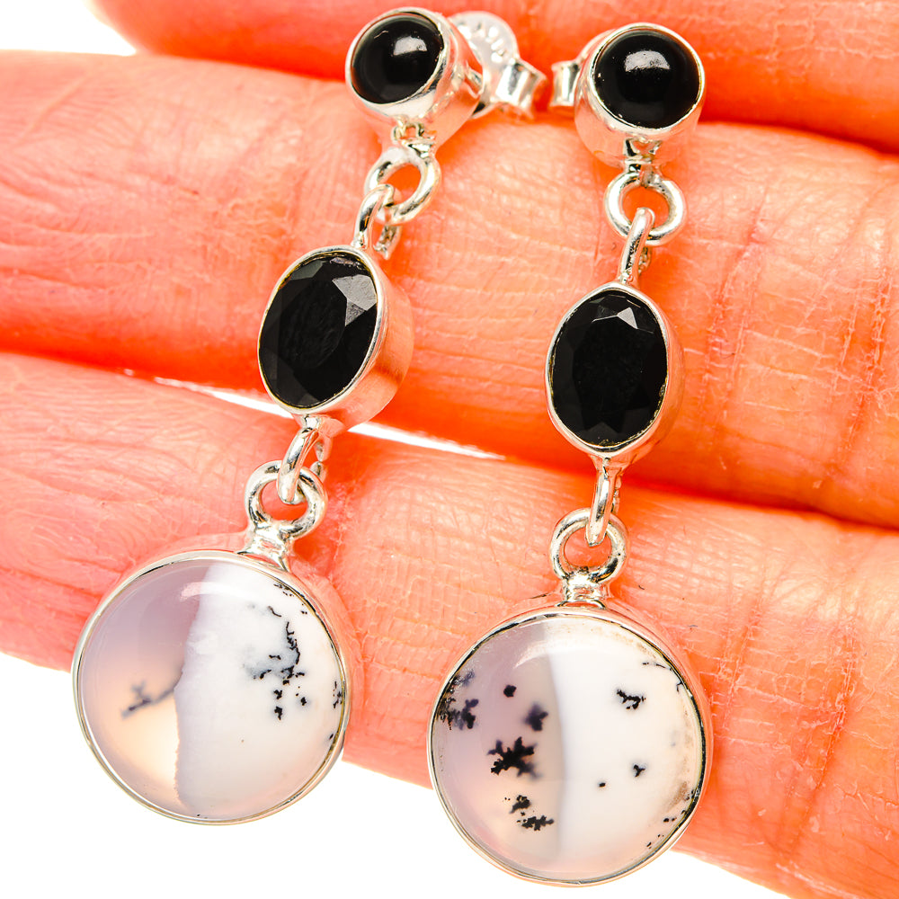 Dendritic Opal, Black Onyx Earrings 1 1/2" (925 Sterling Silver) EARR431503