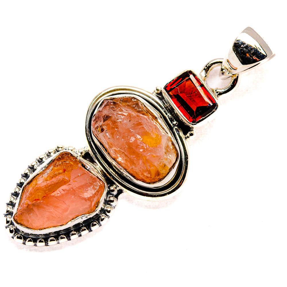 Rough Rose Quartz, Garnet Pendant 1 3/4" (925 Sterling Silver) PD36754
