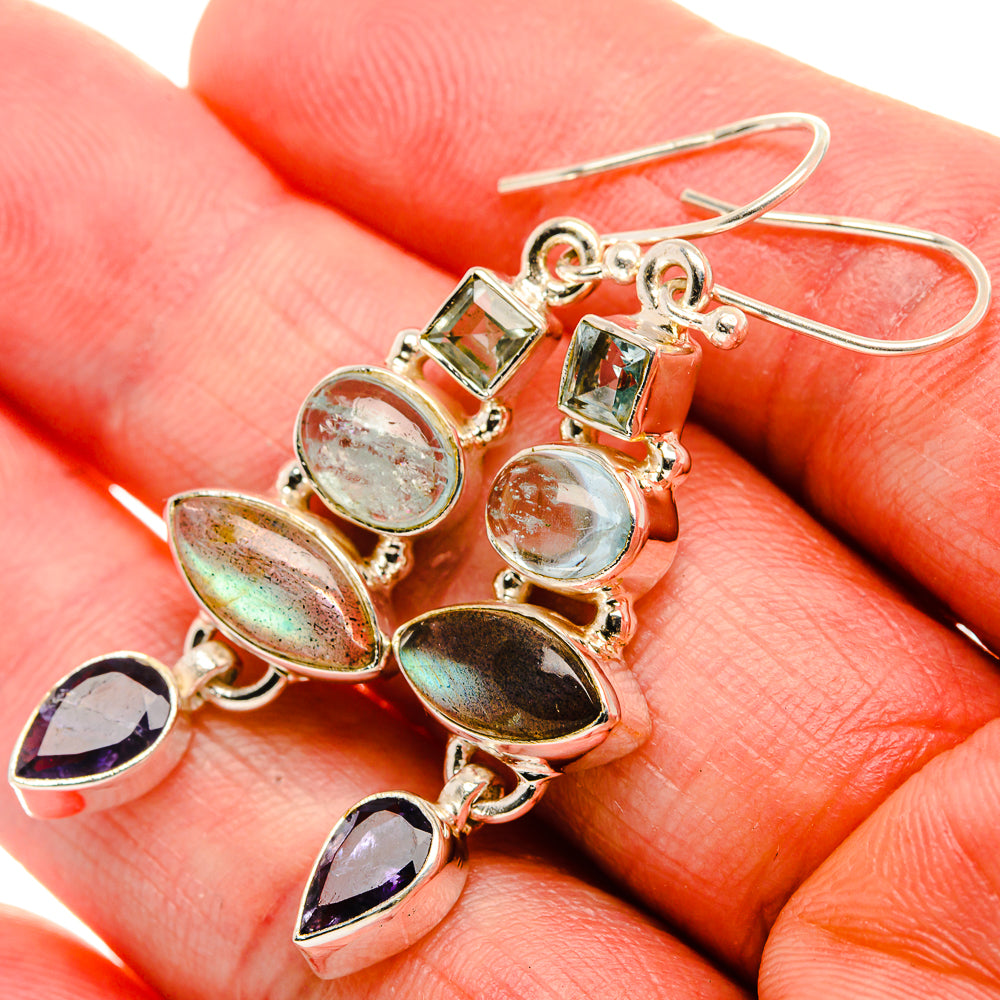 Labradorite, Tanzanite, Aquamarine, Blue Topaz Earrings 1 7/8" (925 Sterling Silver) EARR431907