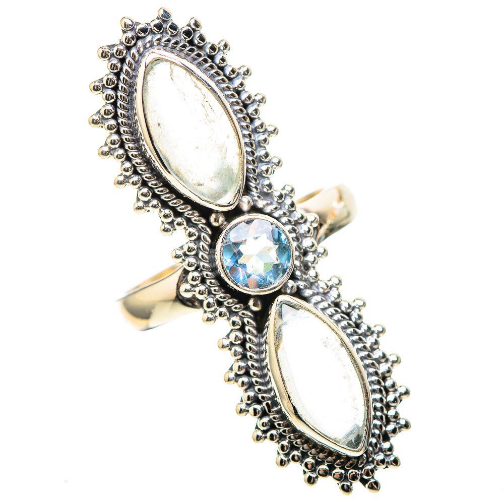 Large Rainbow Moonstone, Blue Topaz Ring Size 7.5 (925 Sterling Silver) RING136748