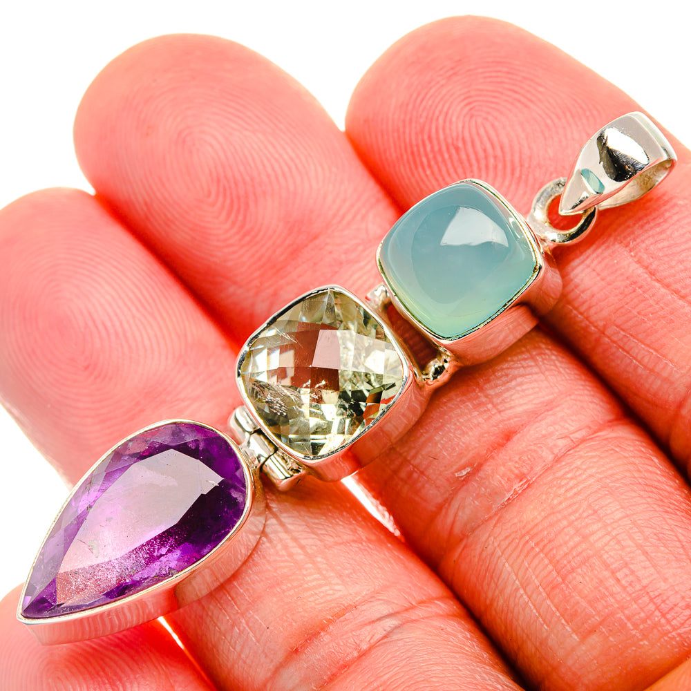 Faceted Amethyst, Green Amethyst, Aquamarine Pendant 2 1/4" (925 Sterling Silver) PD37591