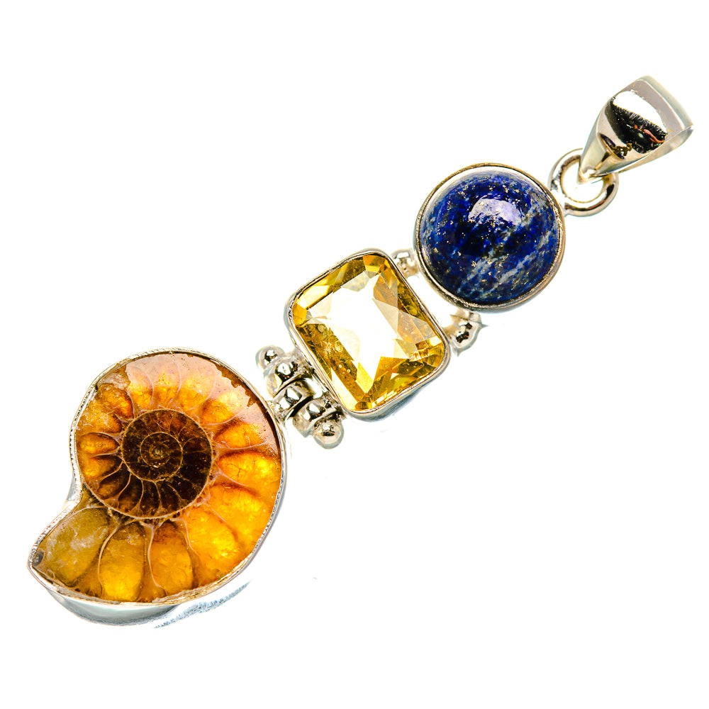 Ammonite Fossil, Citrine, Lapis Lazuli 925 Sterling Silver Pendant 2 1/4" (925 Sterling Silver) PD37689