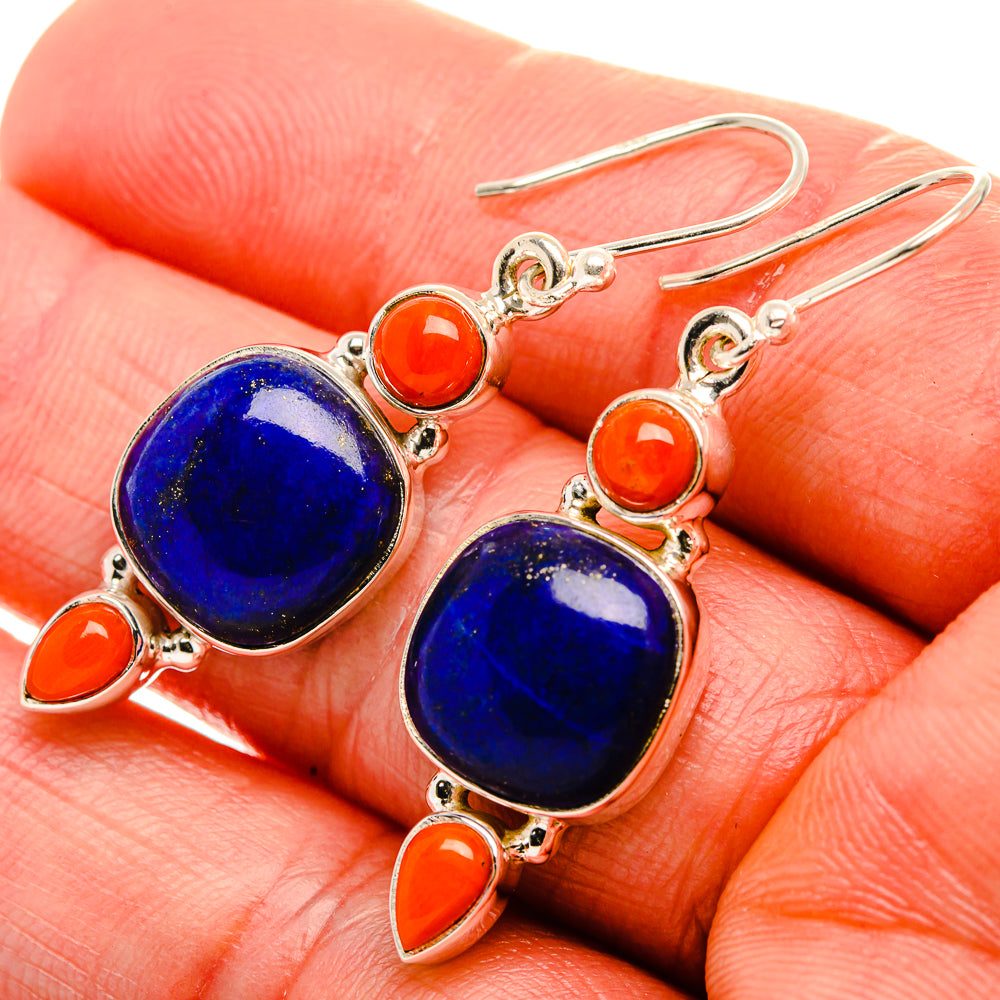 Lapis Lazuli, Red Coral 925 Sterling Silver Earrings 1 3/4" (925 Sterling Silver) EARR431949