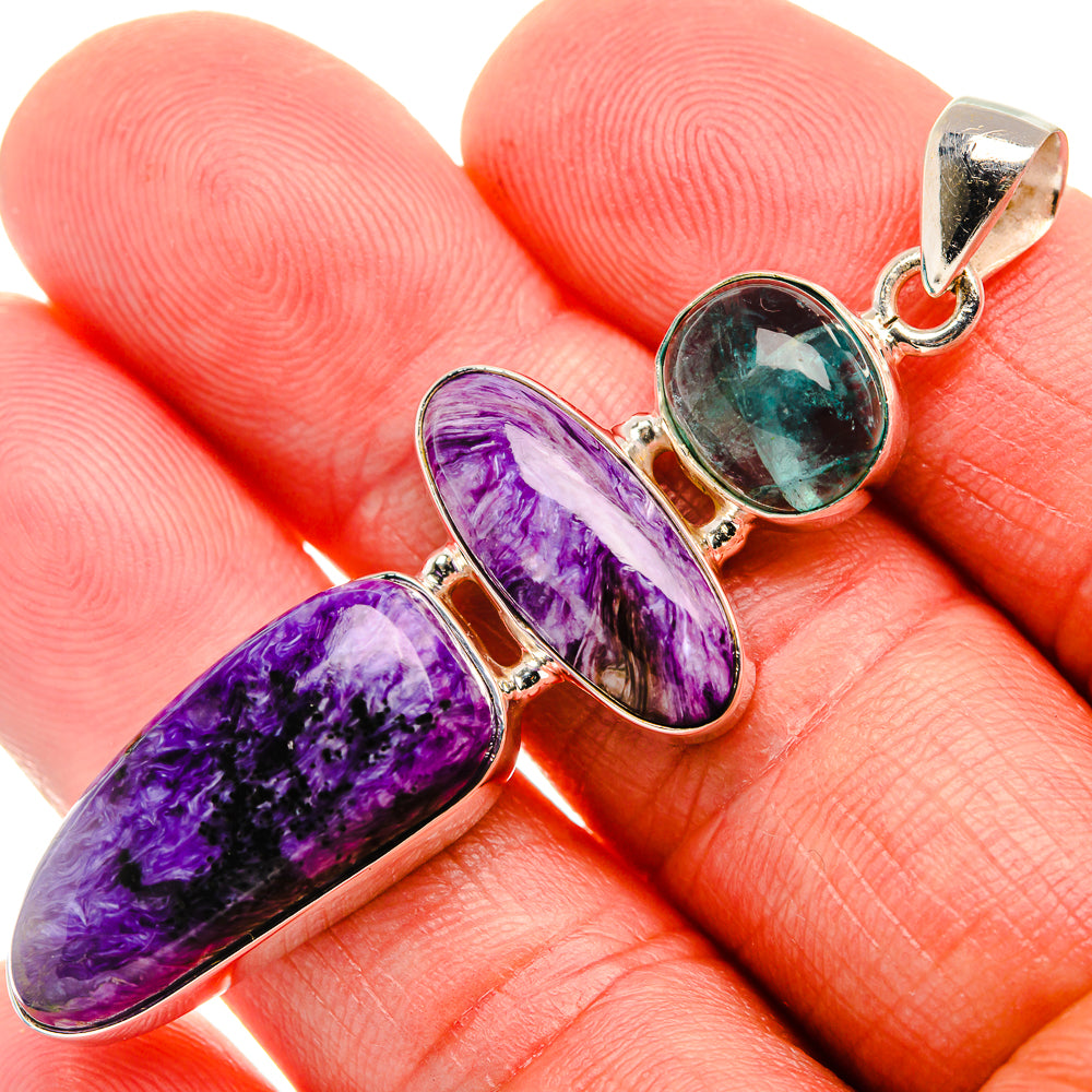 Charoite, Green Tourmaline Pendant 2 3/8" (925 Sterling Silver) PD37420