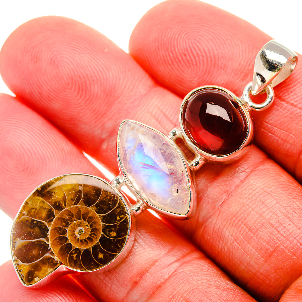 Ammonite Fossil, Rainbow Moonstone, Garnet 925 Sterling Silver Pendant 2 1/4" (925 Sterling Silver) PD37706