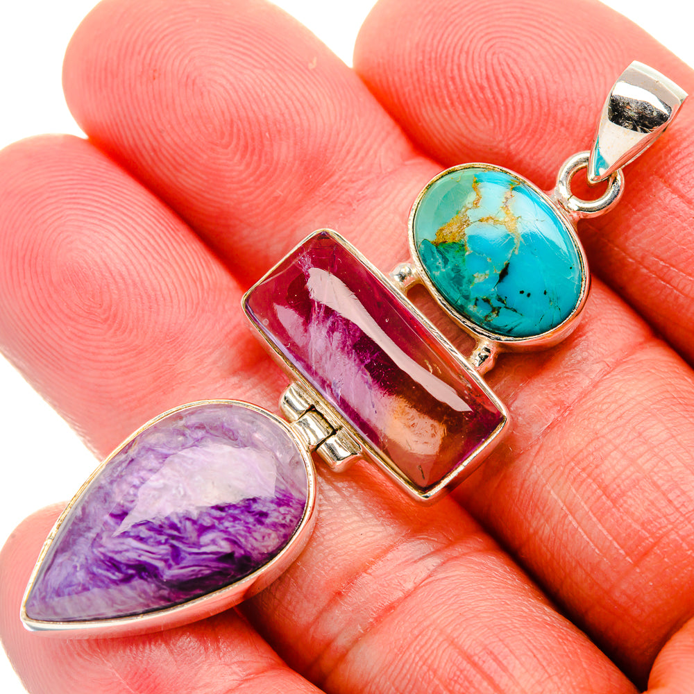 Charoite, Ametrine, Blue Copper Composite Turquoise 925 Sterling Silver Pendant 2 3/8" (925 Sterling Silver) PD37734