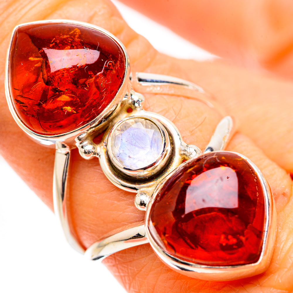 Large Baltic Amber, Rainbow Moonstone Ring Size 7.75 (925 Sterling Silver) RING135386