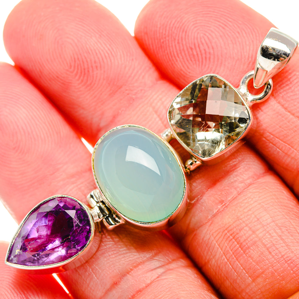 Natural Aquamarine, Green Amethyst, Amethyst Pendant 2 1/8" (925 Sterling Silver) PD37533