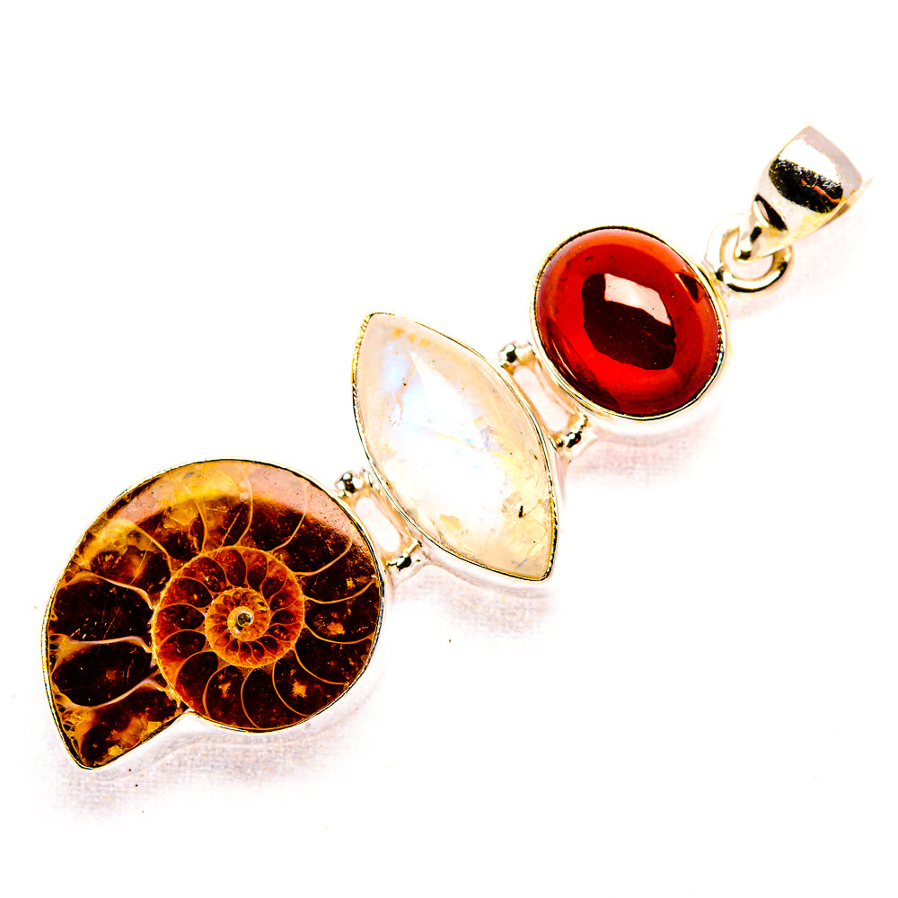 Ammonite Fossil, Rainbow Moonstone, Garnet 925 Sterling Silver Pendant 2 1/4" (925 Sterling Silver) PD37706