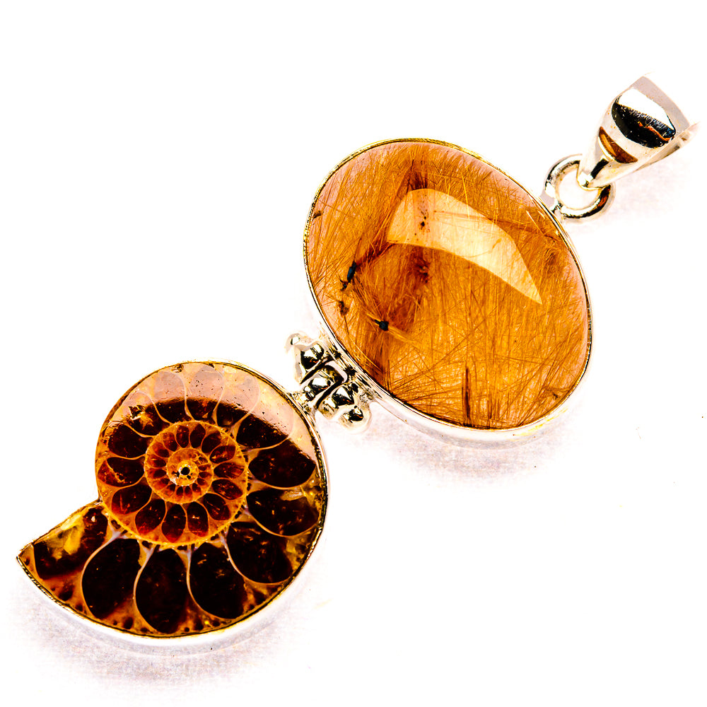 Ammonite Fossil, Rutilated Quartz 925 Sterling Silver Pendant 2 1/8" (925 Sterling Silver) PD37737