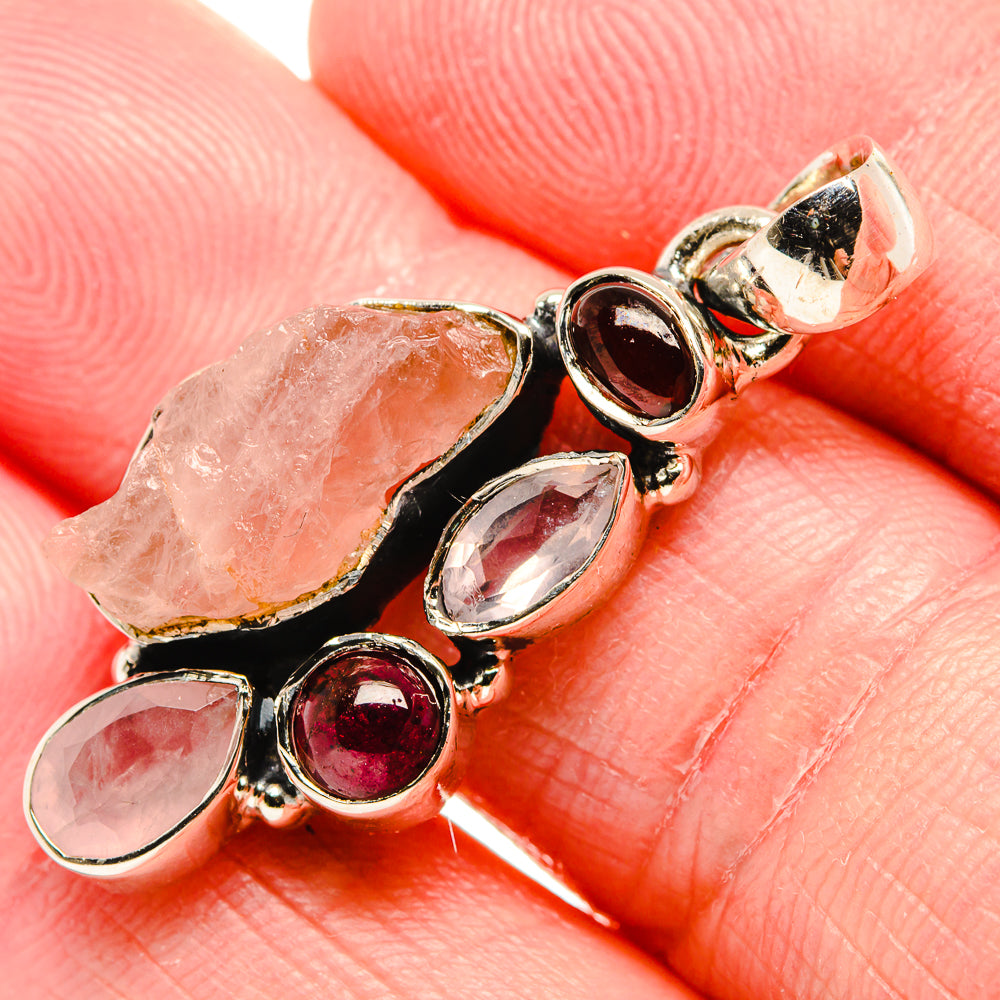 Rough Rose Quartz, Garnet Pendant 1 1/2" (925 Sterling Silver) PD36784