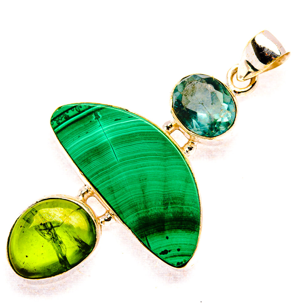 Malachite, Green Tourmaline, Aquamarine 925 Sterling Silver Pendant 2 1/8" (925 Sterling Silver) PD37744