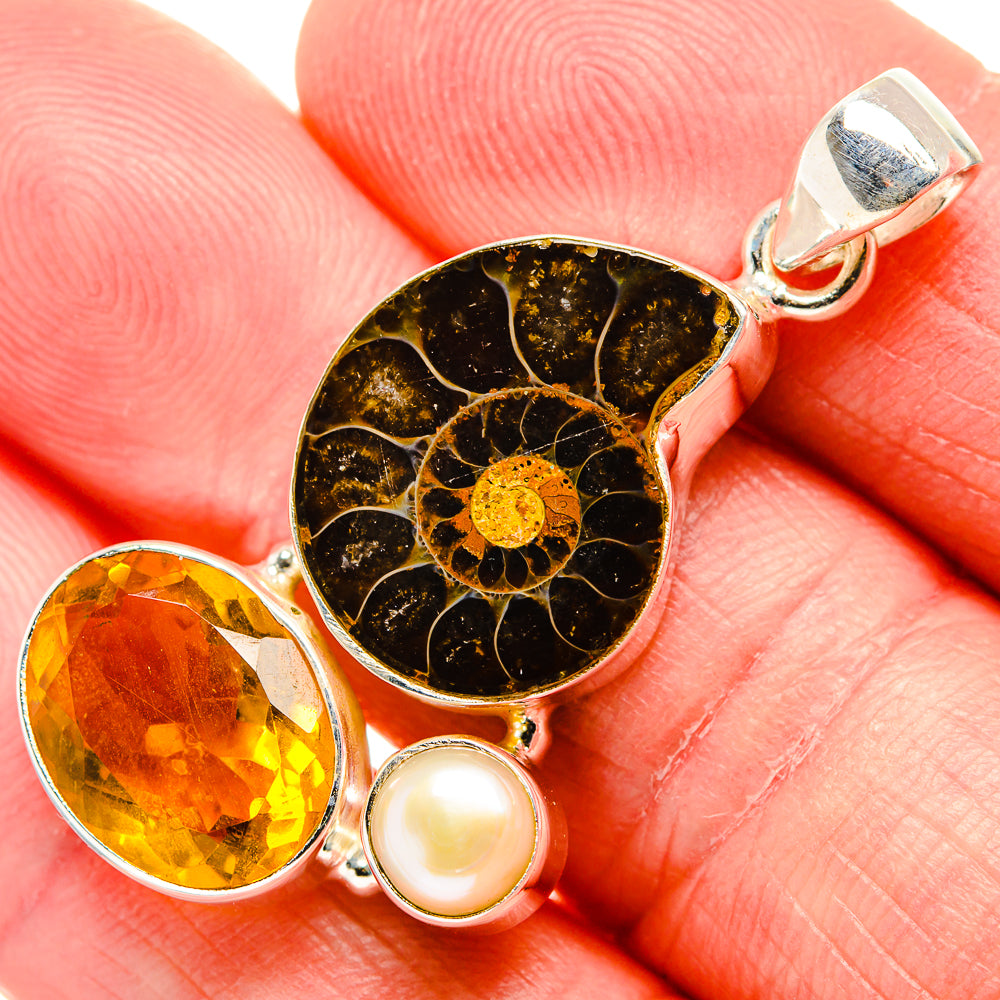 Ammonite Fossil, Citrine, Cultured Pearl Pendant 1 3/4"  (925 Sterling Silver) PD36920
