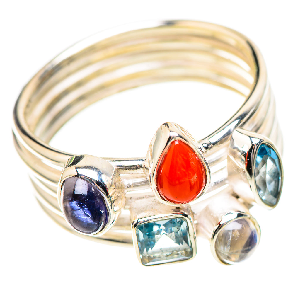 Red Coral, Tanzanite, Blue Topaz, Rainbow Moonstone Ring Size 9 (925 Sterling Silver) RING136243