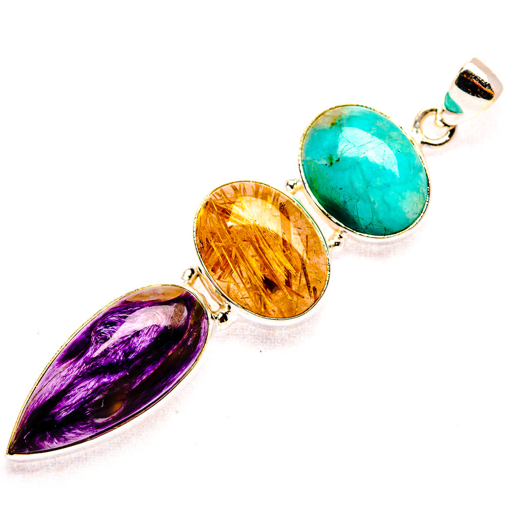 Charoite, Rutilated Quartz, Chrysocolla 925 Sterling Silver Pendant 2 5/8" (925 Sterling Silver) PD37704