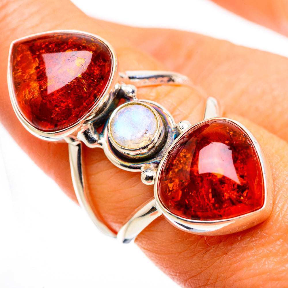 Large Baltic Amber, Rainbow Moonstone Ring Size 7.5 (925 Sterling Silver) RING135703
