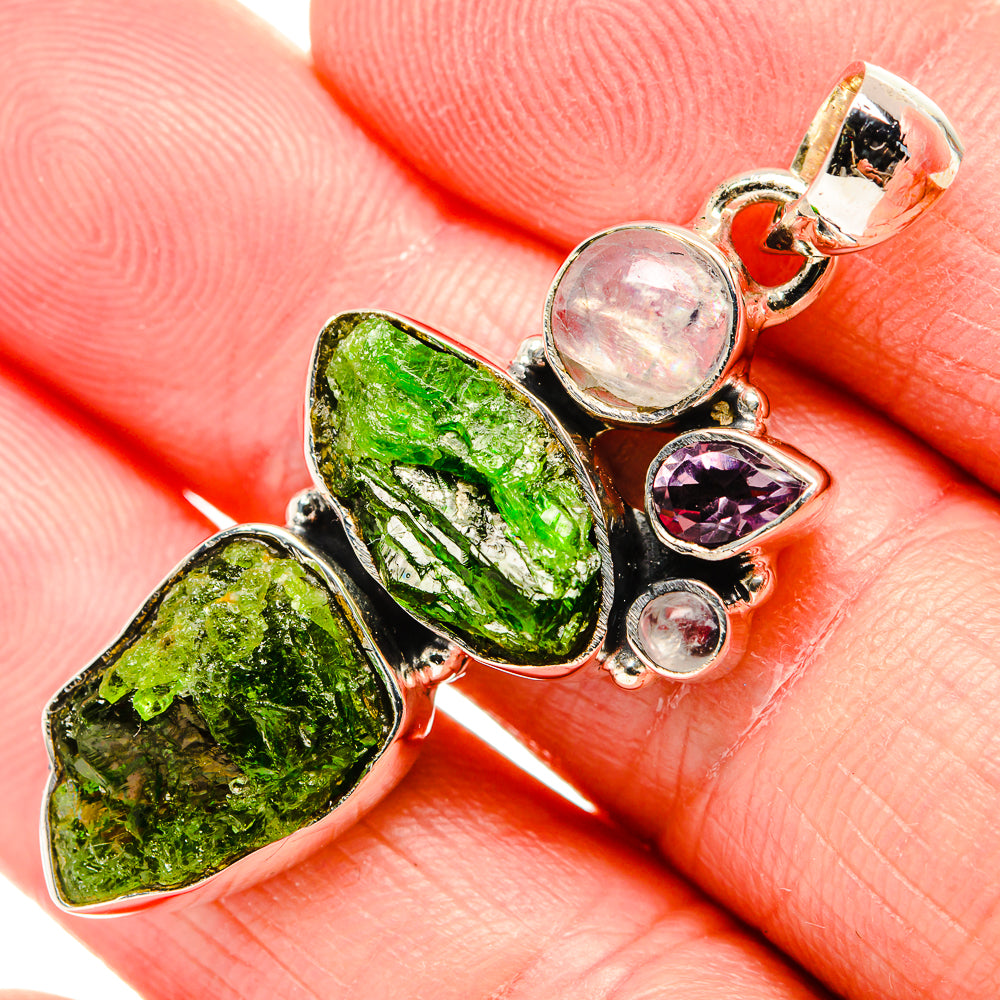 Rough Chrome Diopside, Rainbow Moonstone, Kunzite Pendant 1 3/4" (925 Sterling Silver) PD36819