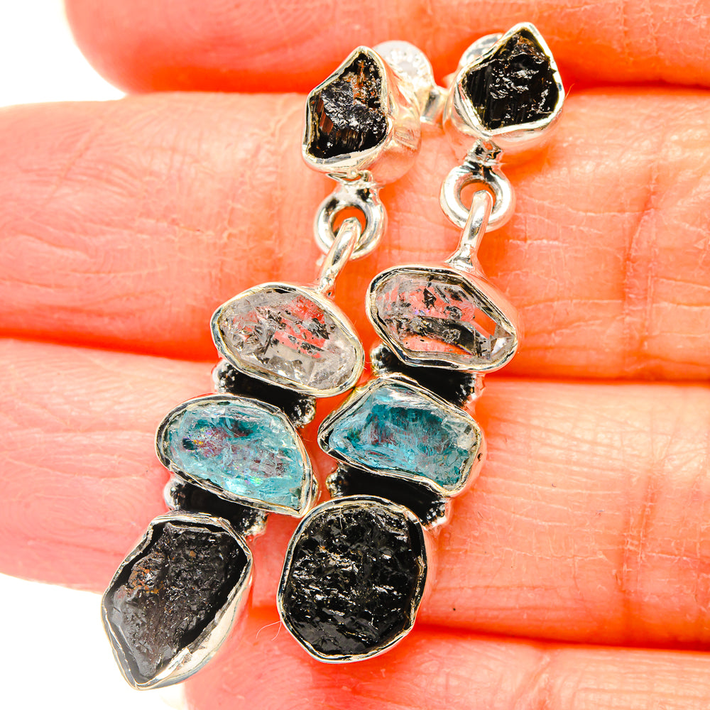 Black Tourmaline, Apatite, Herkimer Diamond Earrings 1 1/2" (925 Sterling Silver) EARR431486