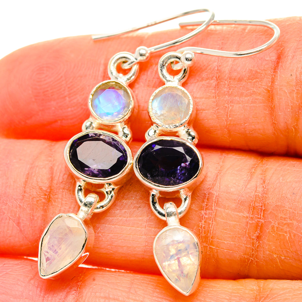 Faceted Tanzanite, Rainbow Moonstone Earrings 1 3/4" (925 Sterling Silver) EARR431726