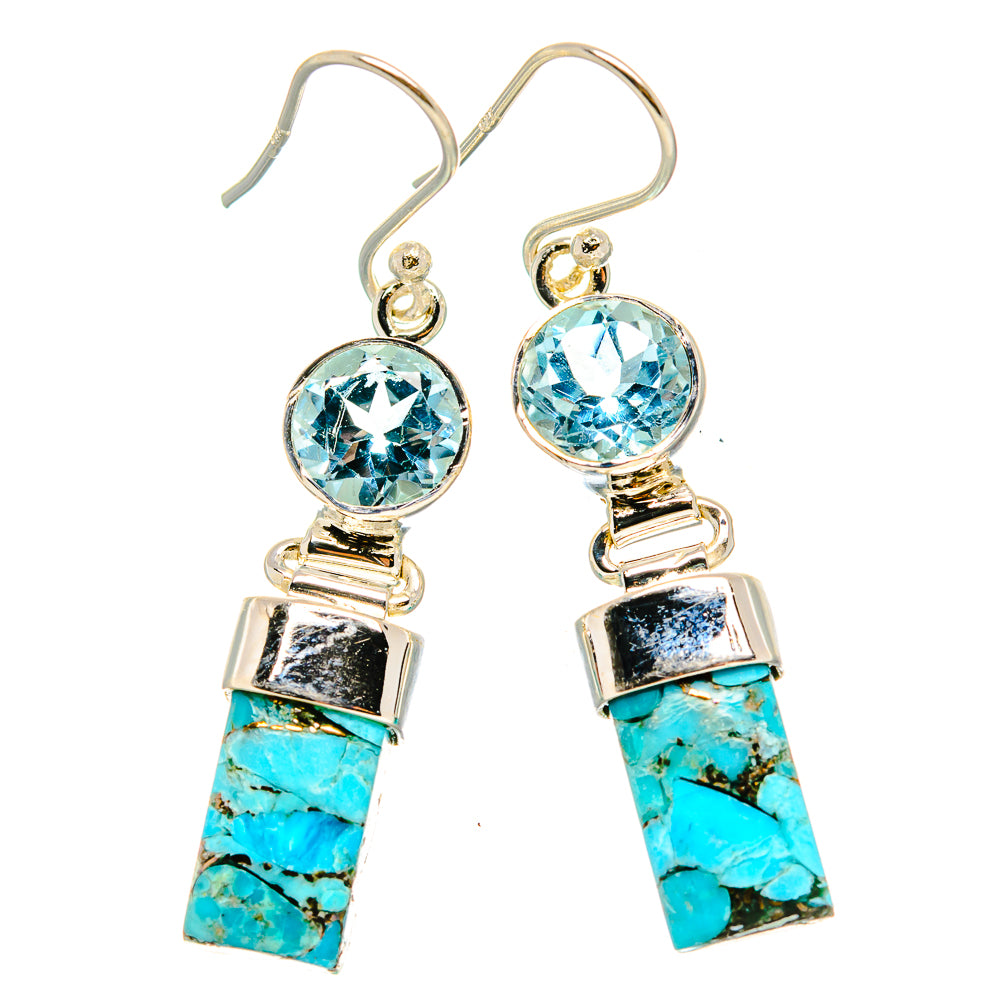 Blue Copper Composite Turquoise, Blue Topaz Earrings 1 3/4" (925 Sterling Silver) EARR431488