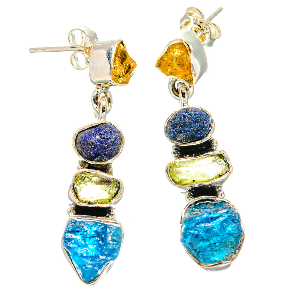 Rough Blue Fluorite, Peridot, Lapis Lazuli, Citrine Earrings 1 1/2" (925 Sterling Silver) EARR431468