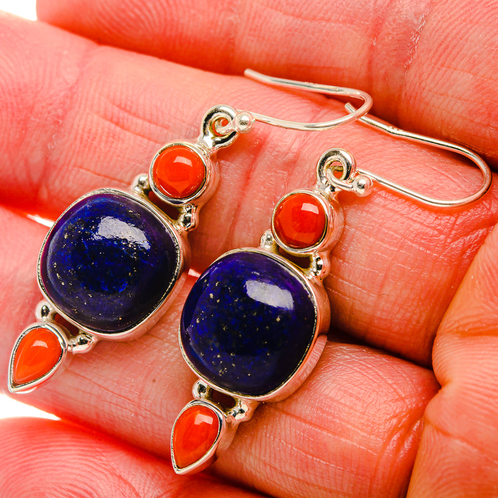 Lapis Lazuli, Red Coral 925 Sterling Silver Earrings 1 3/4" (925 Sterling Silver) EARR431925
