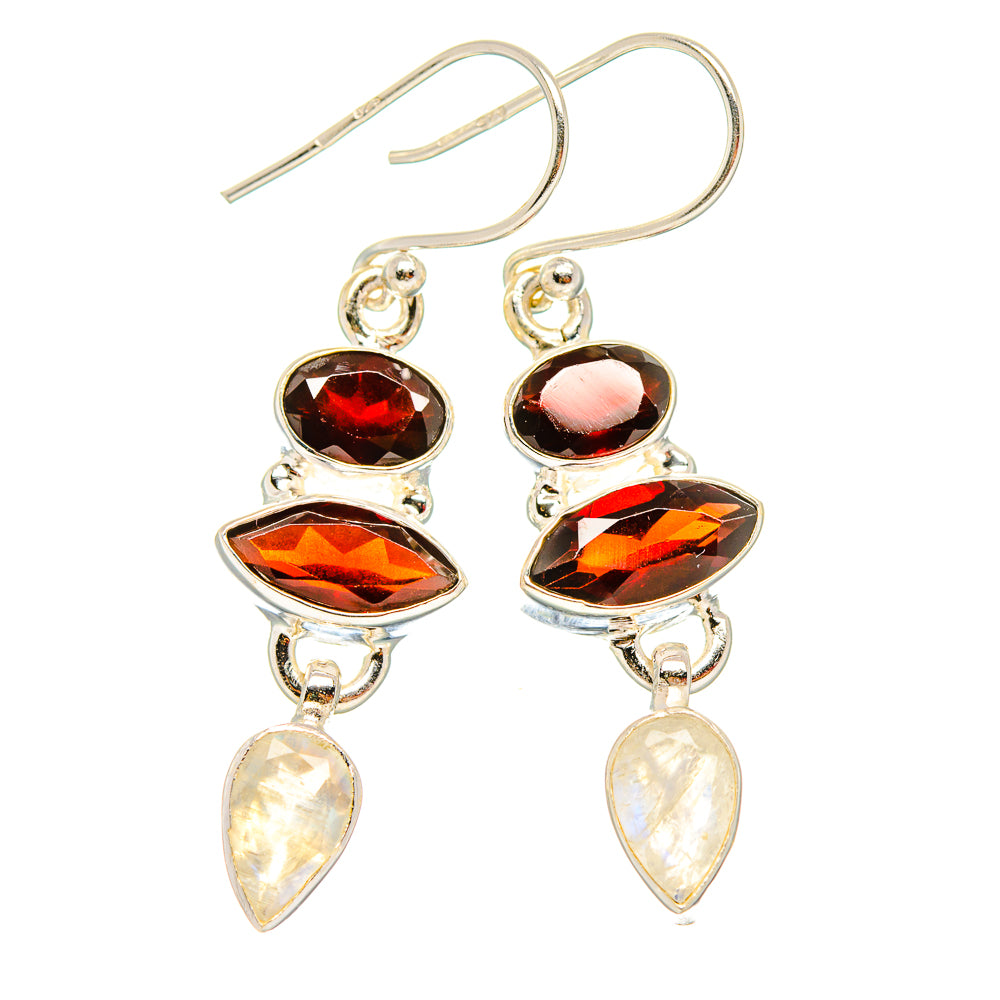 Garnet, Rainbow Moonstone Earrings 1 3/4" (925 Sterling Silver) EARR431590