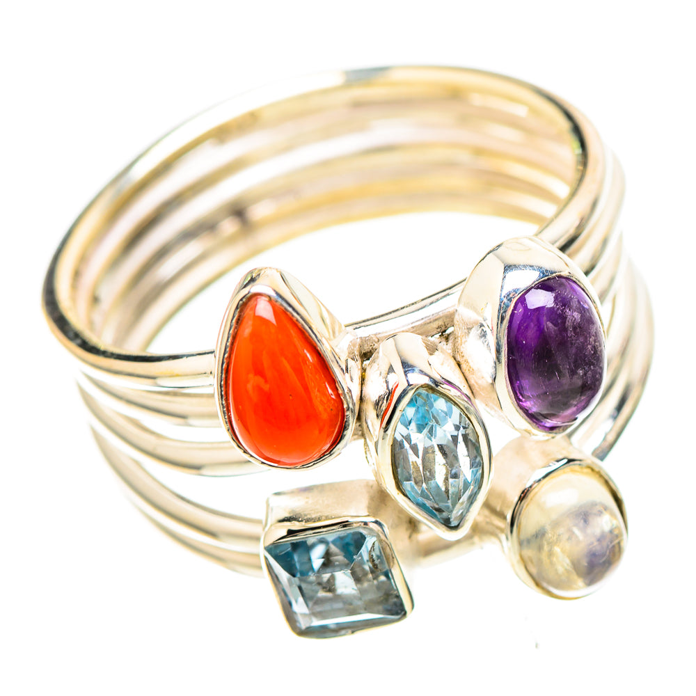 Red Coral, Amethyst, Rainbow Moonstone, Blue Topaz 925 Sterling Silver Ring Size 7.75 (925 Sterling Silver) RING137297