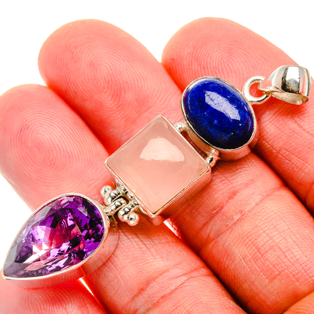 Rose Quartz, Amethyst, Lapis Lazuli Pendant 2 3/8" (925 Sterling Silver) PD37436