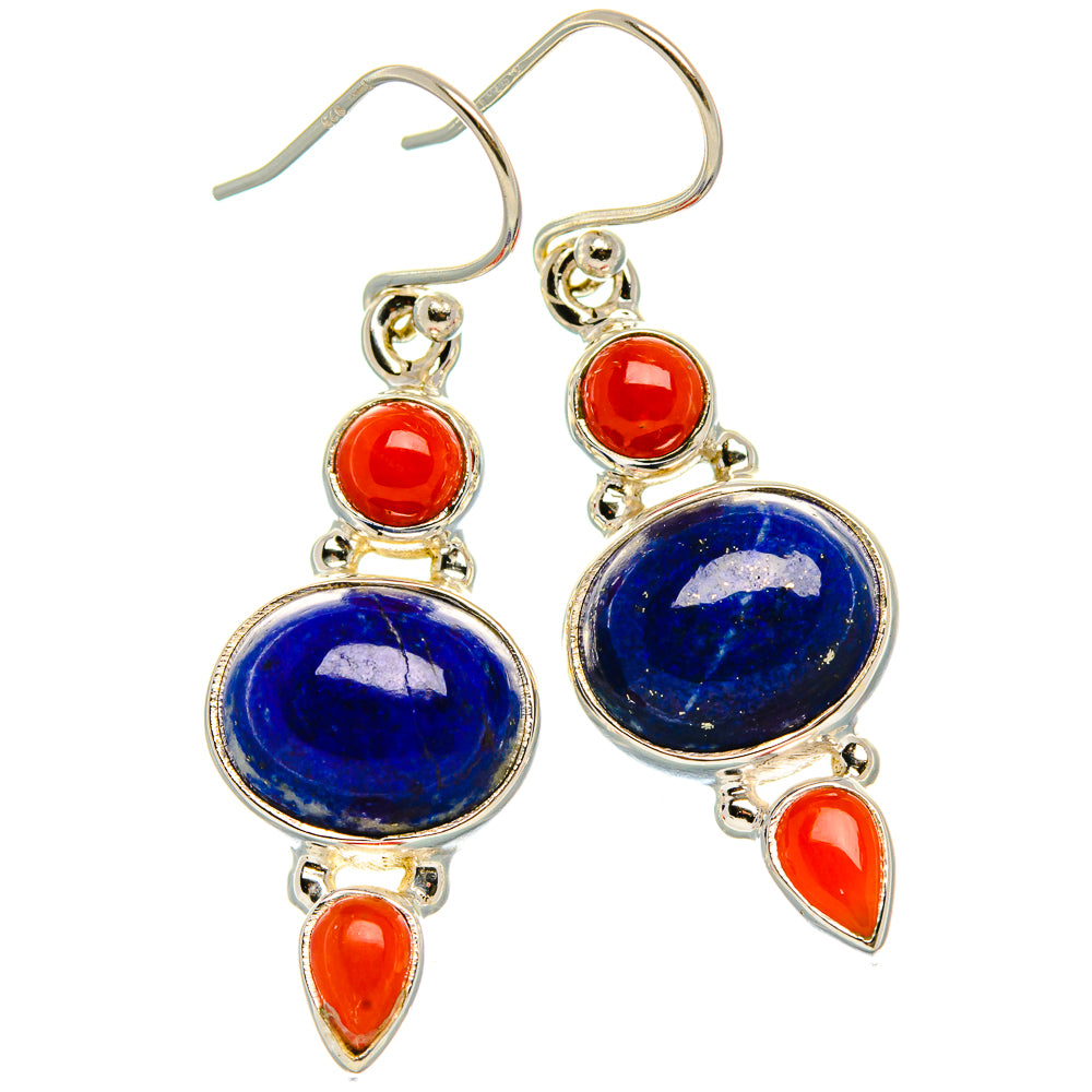 Lapis Lazuli, Red Coral Earrings 1 5/8" (925 Sterling Silver) EARR431890