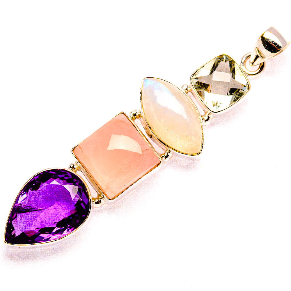 Faceted Amethyst, Rose Quartz, Rainbow Moonstone, Green Amethyst Pendant 2 5/8" (925 Sterling Silver) PD37593