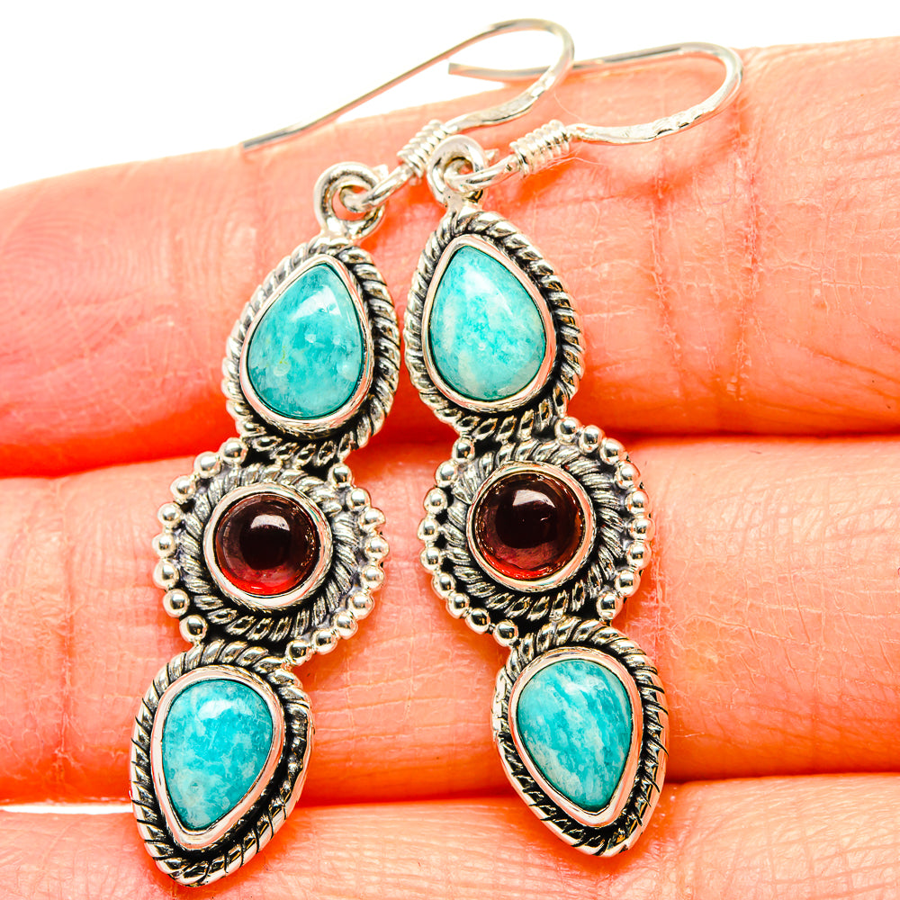 Amazonite, Garnet Earrings 1 3/4" (925 Sterling Silver) EARR431487