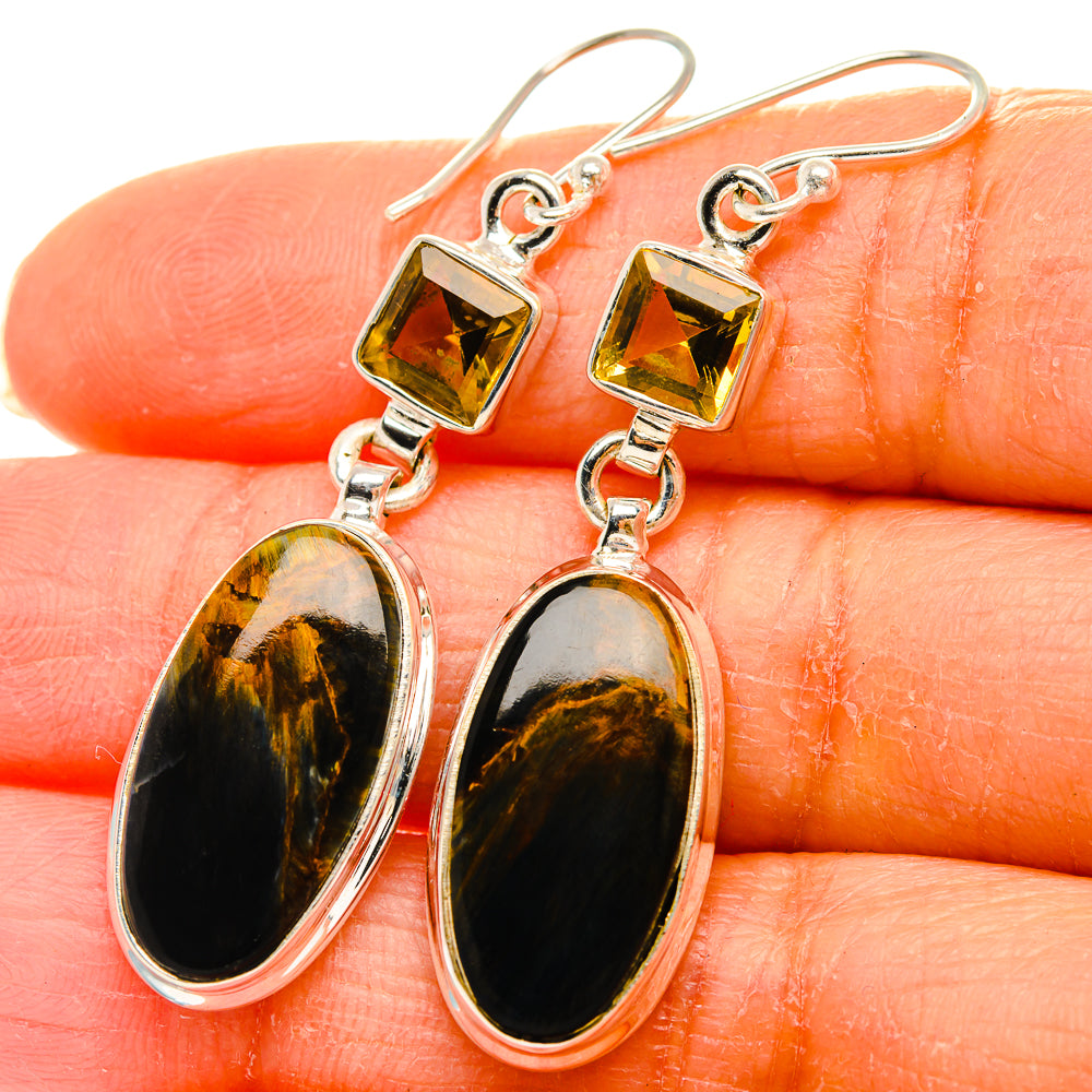 Anasilvercos Pietersite, Citrine Earrings 2" (925 Sterling Silver)