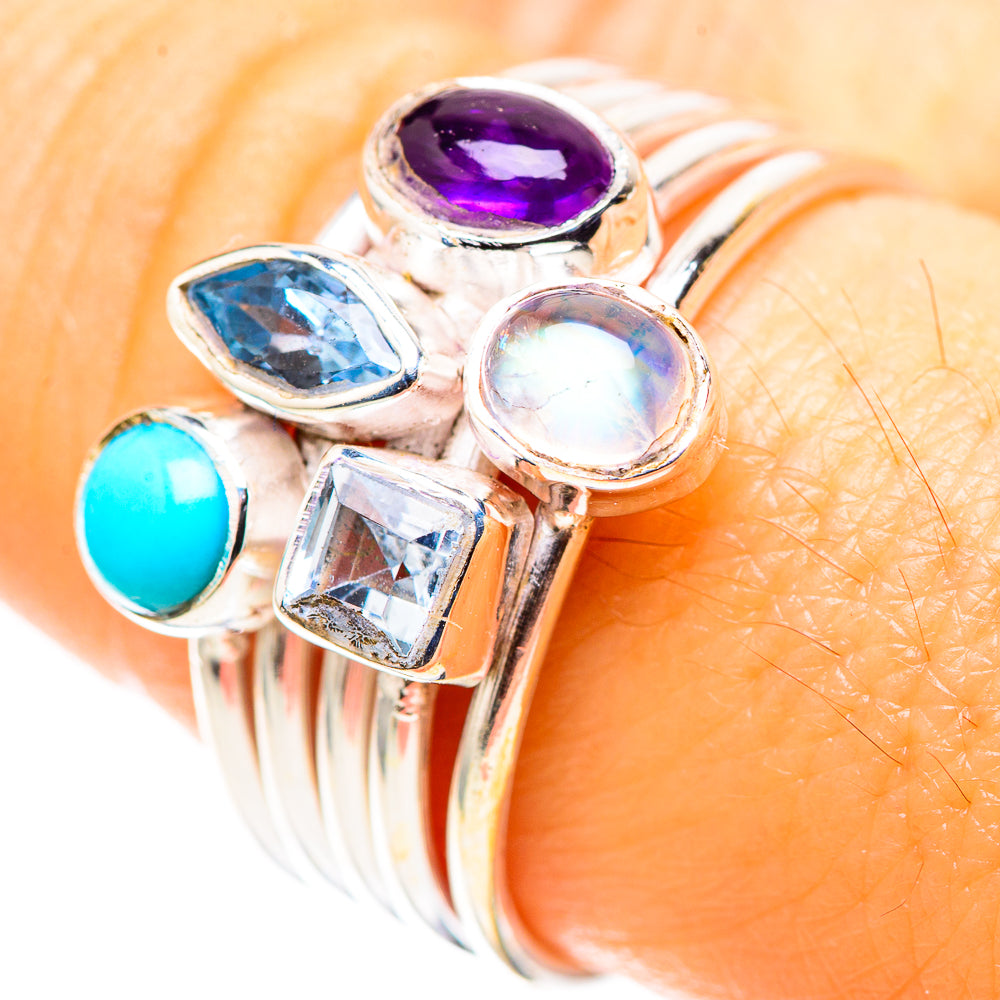 Rainbow Moonstone, Amethyst, Blue Topaz, Larimar Ring Size 9 (925 Sterling Silver) RING136769