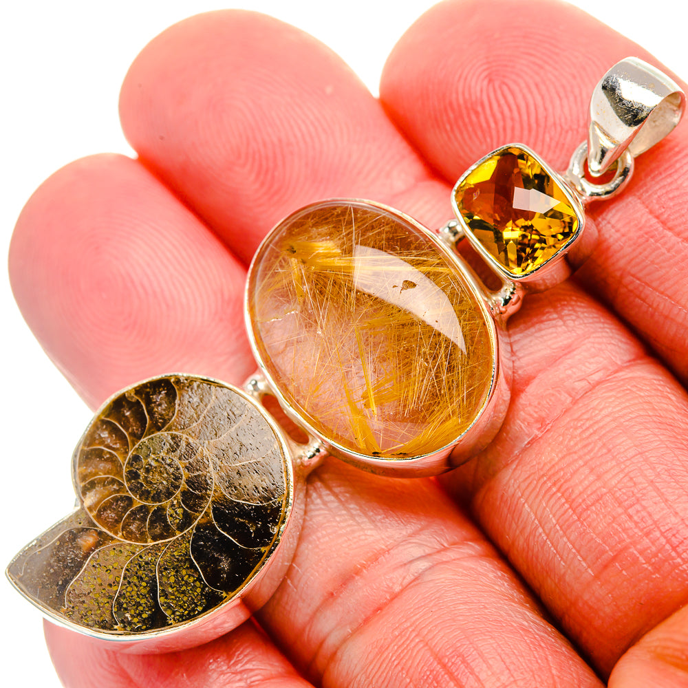 Ammonite Fossil, Rutilated Quartz, Citrine 925 Sterling Silver Pendant 2 1/2" (925 Sterling Silver) PD37642