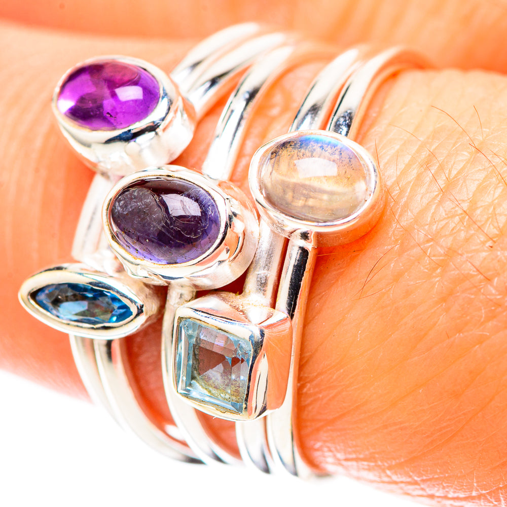 Natural Tanzanite, Amethyst, Blue Topaz, Rainbow Moonstone Ring Size 7.75 (925 Sterling Silver) RING136850