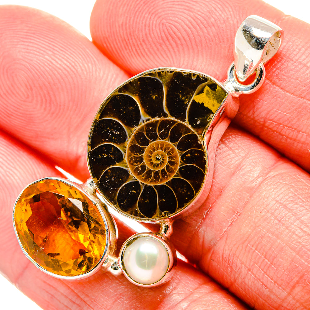 Ammonite Fossil, Citrine, Cultured Pearl Pendant 1 7/8" (925 Sterling Silver) PD36865