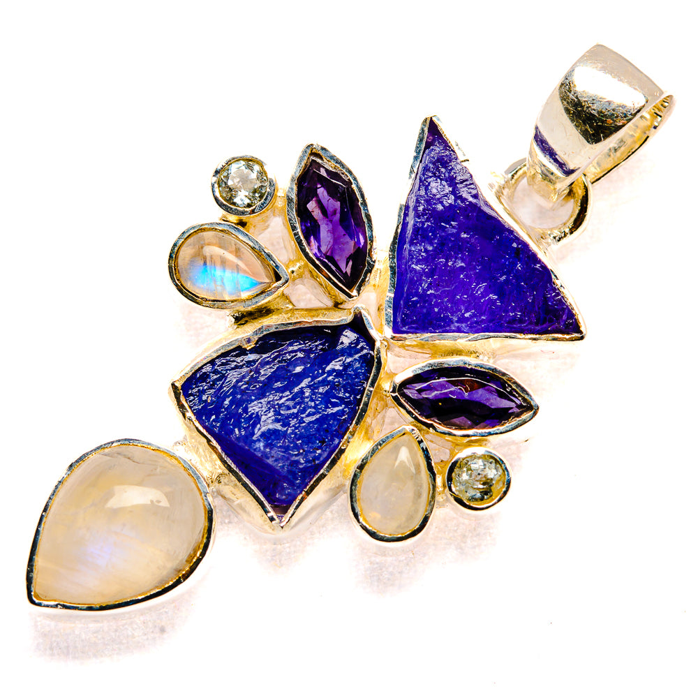 Rough Tanzanite, Rainbow Moonstone, Amethyst Pendant 1 3/4" (925 Sterling Silver) PD36783