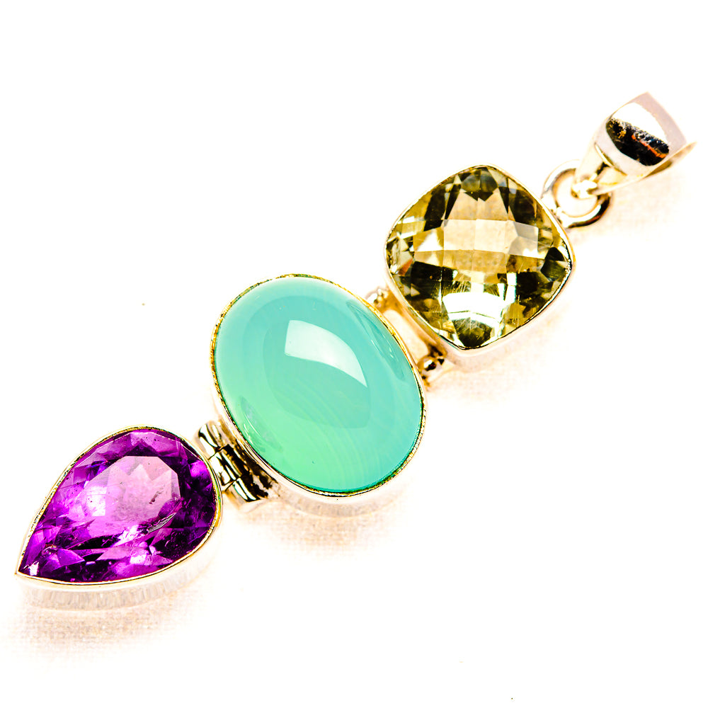 Natural Aquamarine, Green Amethyst, Amethyst Pendant 2 1/8" (925 Sterling Silver) PD37533