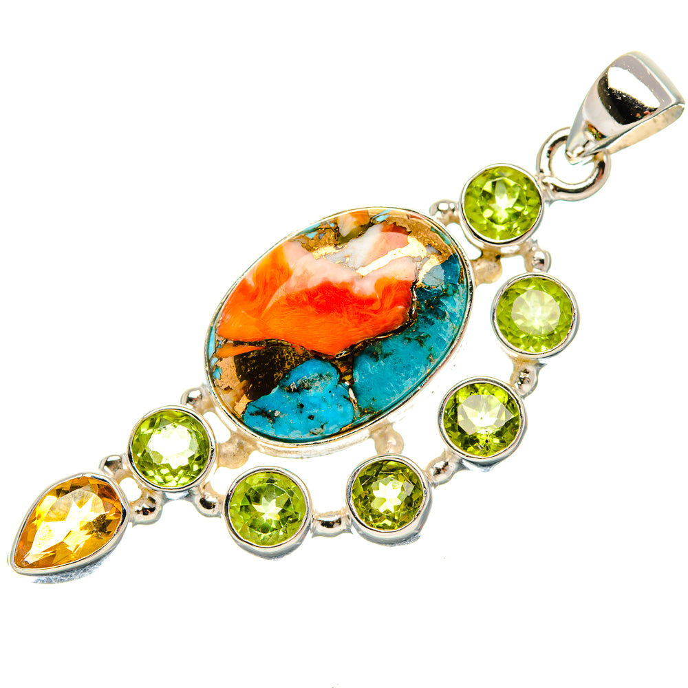 Spiny Oyster Turquoise, Peridot, Citrine Sterling Silver Pendant 2 1/8" P37371