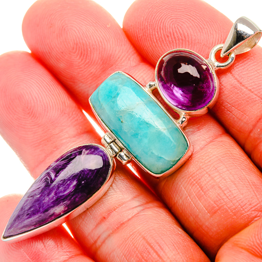 Charoite, Amazonite, Amethyst 925 Sterling Silver Pendant 2 1/2" (925 Sterling Silver) PD37728